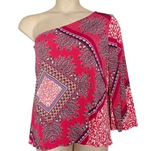 CHICO'S Top Large Pink Paisley Print One Shoulder Flare Sleeve Stretchy 2